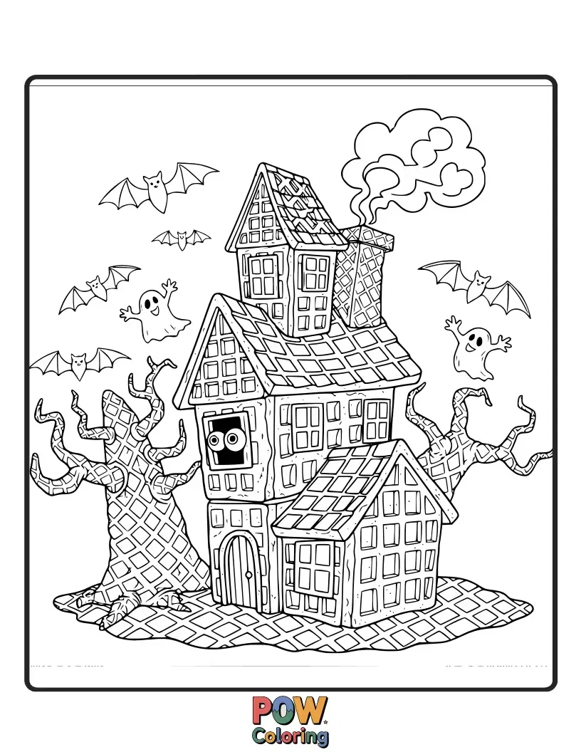 Free coloring page of Dare to enter a spooky waffle haunted house, filled with friendly ghost marshmallows and syrup cobwebs.