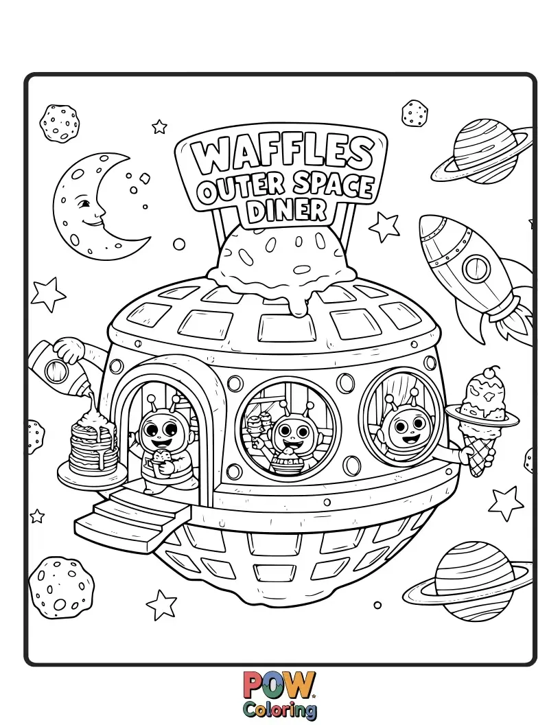 Free coloring page of Grab a seat at an interstellar diner where alien waffles serve glowing syrup and asteroid-shaped pancakes.