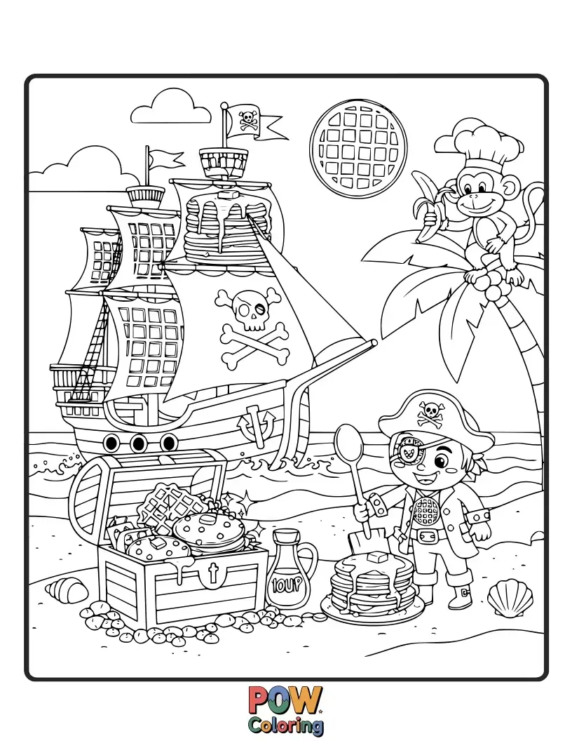 Free coloring page of Embark on a treasure hunt with a pirate waffle captain, navigating syrup seas for hidden berry chests.