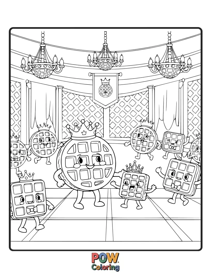 Free coloring page of Attend a grand feast with regal waffles adorned with crowns and jewel-like berries, celebrating with syrup fountains.