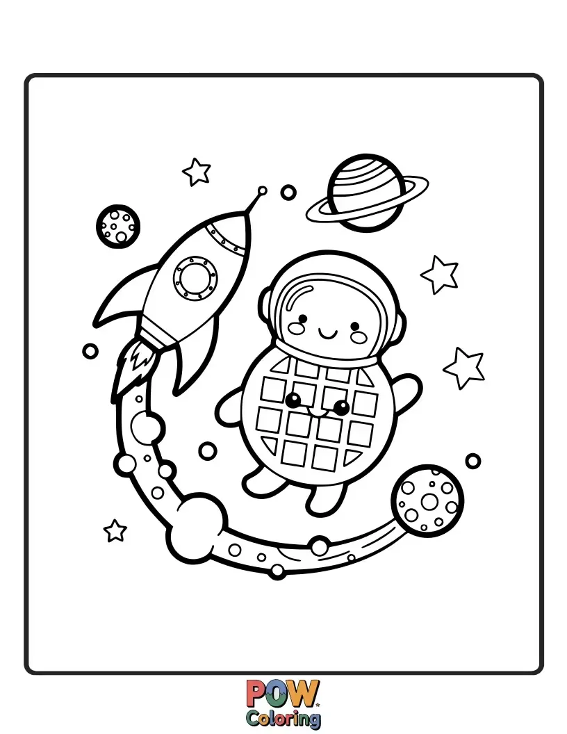 Free coloring page of Blast off into the cosmos with a waffle rocket soaring through a starry sky, planets made of syrup.