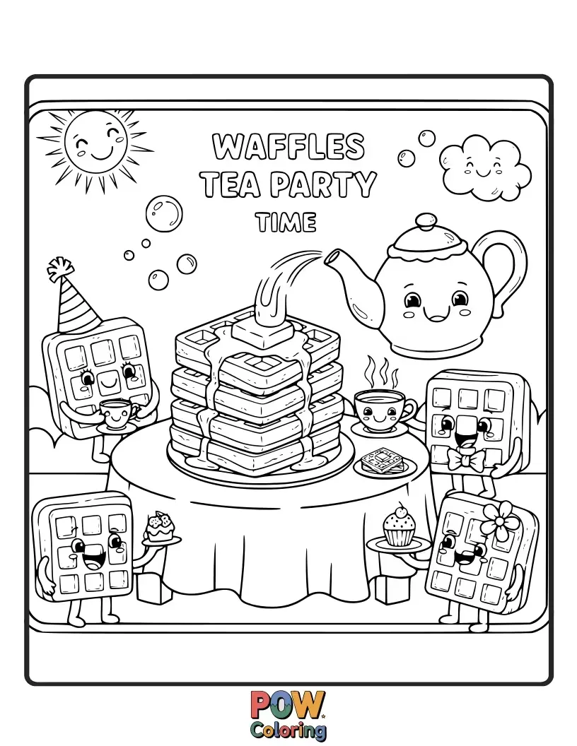 Free coloring page of Enjoy a charming tea party with delicate waffles, sipping syrup tea and nibbling on berry pastries.