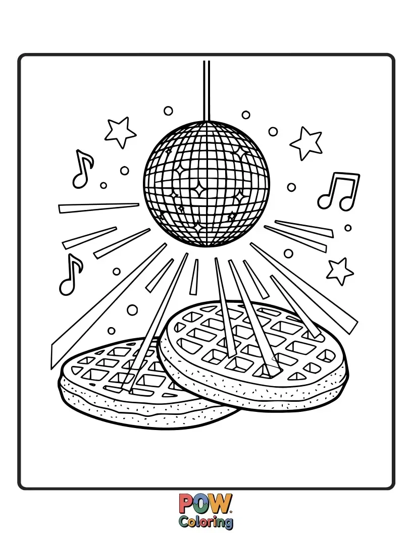 Free coloring page of Get down and boogie with disco waffles, shimmering with edible glitter and surrounded by funky syrup patterns.