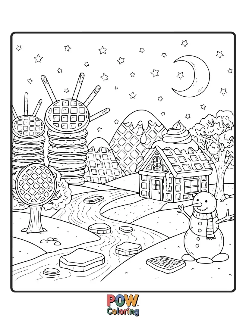Free coloring page of Experience a frosty delight with snowy waffles topped with whipped cream, ice cream, and candy cane syrup.
