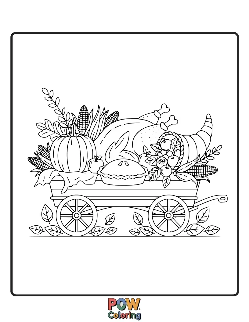 Free coloring page of A cute wagon overflowing with pumpkins, apples, and corn stalks, ready for a festive autumn harvest. Jolly and abundant.