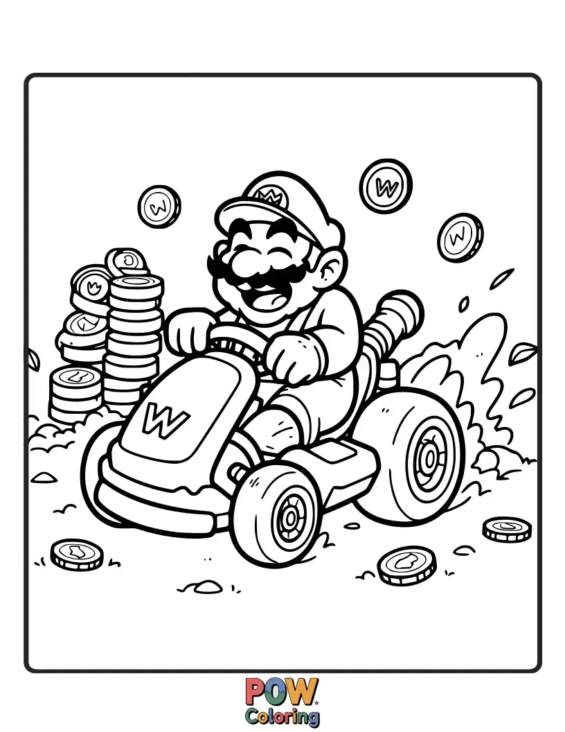 Free coloring page of Wario laughing while driving a pile of gold coins in his kart.