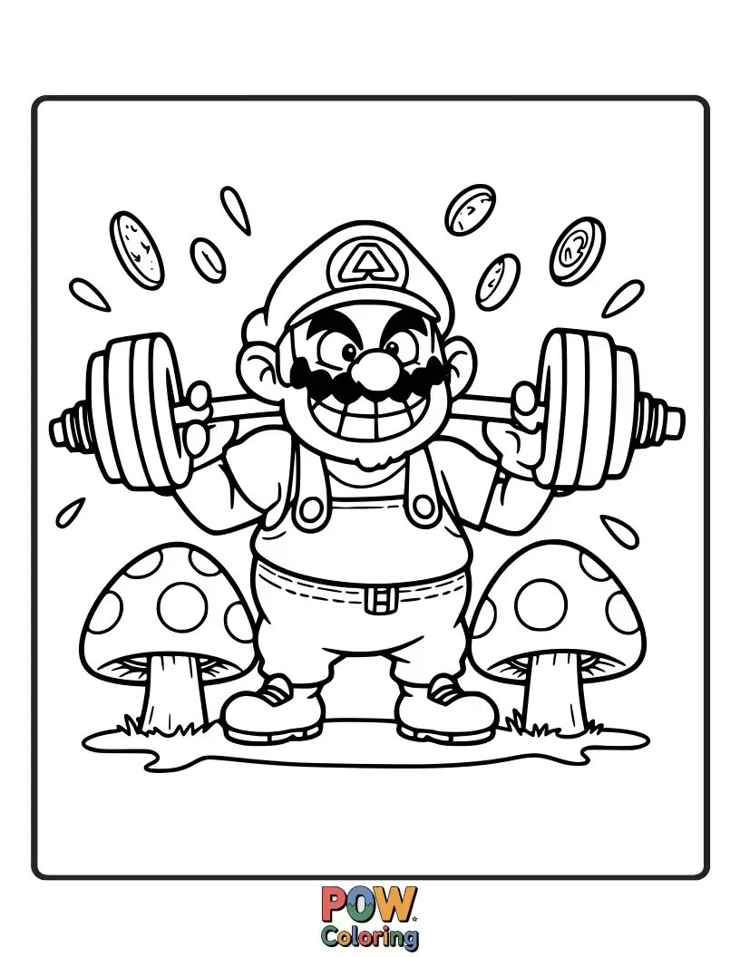 Free coloring page of Wario lifting a oversized barbell. Sweatdrops fly from his forehead as he strains.