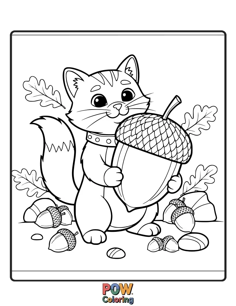 Free coloring page of A determined warrior cat proudly guarding a prized acorn, its little paws clutching the precious find.