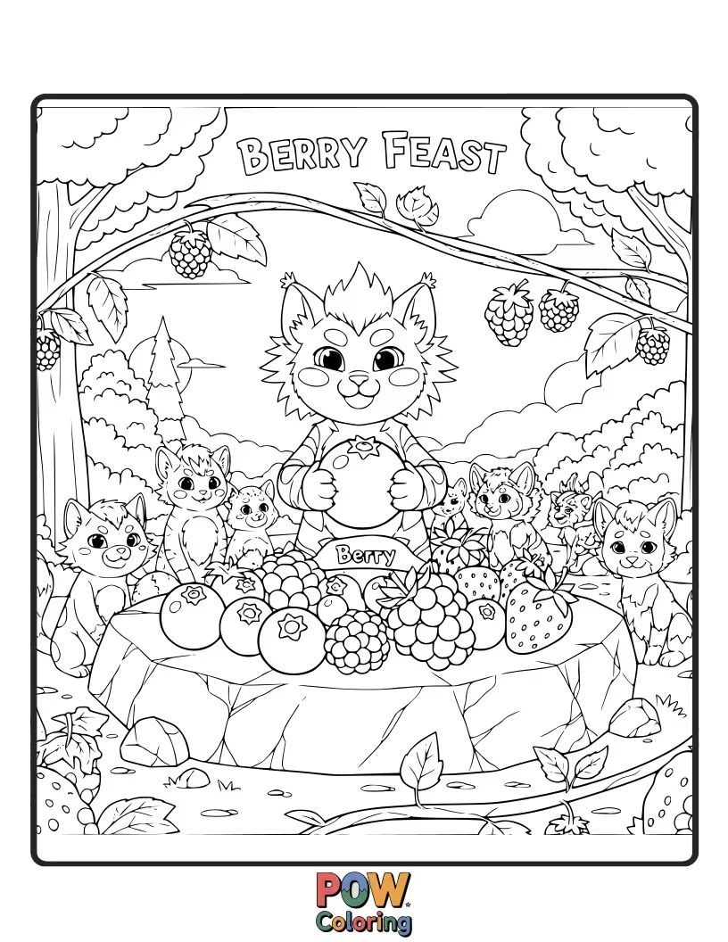 Free coloring page of A plump warrior cat happily munching on a pile of plump, juicy berries with berry stains on its paws.