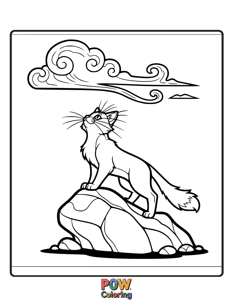 Free coloring page of A contemplative warrior cat lying on its back, watching the shapes of fluffy clouds drift by above. Dreamy vista.