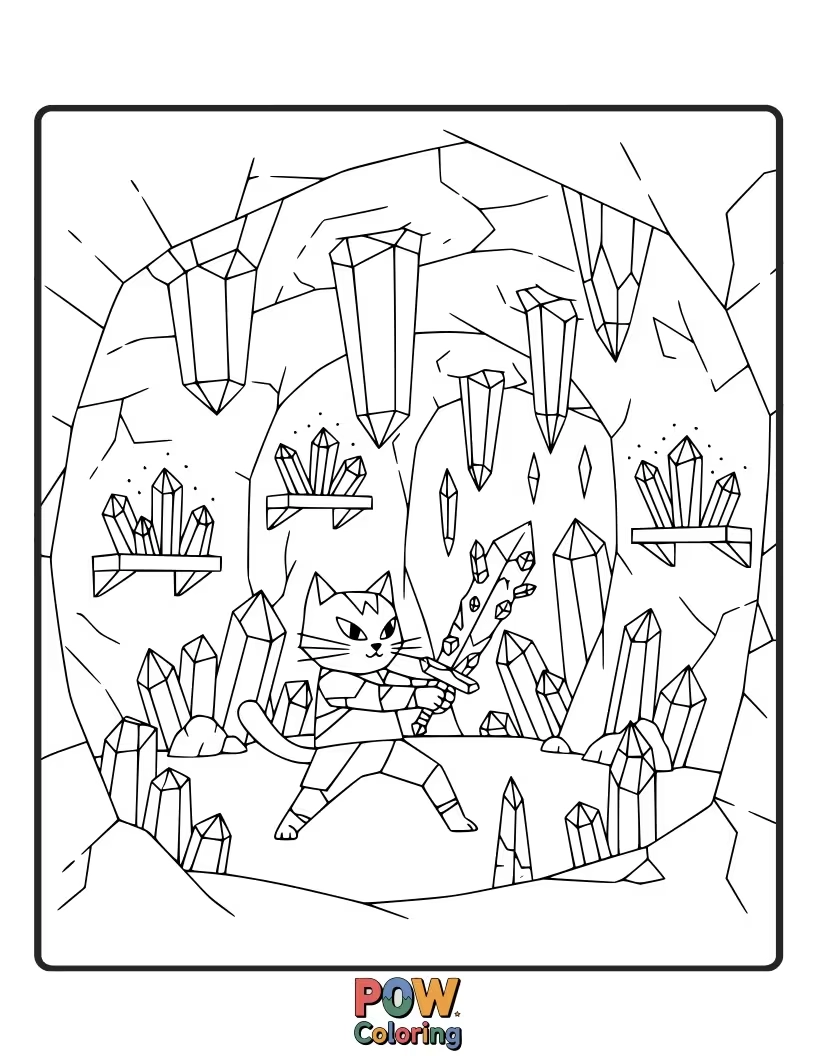Free coloring page of A curious warrior cat exploring a shimmering cave filled with glowing crystals and hidden treasures.