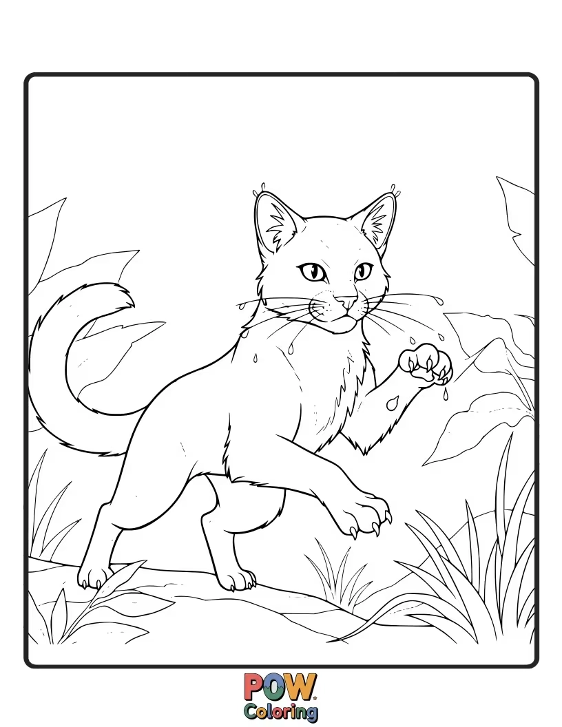 Free coloring page of A tiny warrior cat delicately licking a large, shimmering dewdrop from a blade of grass. Refreshing and sweet.