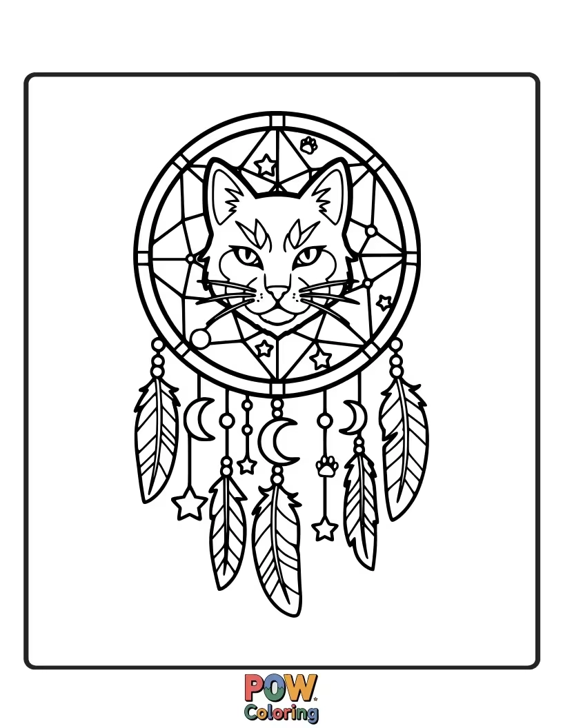Free coloring page of A wise warrior cat resting beneath a delicate dreamcatcher, warding off bad dreams and inviting sweet sleep.
