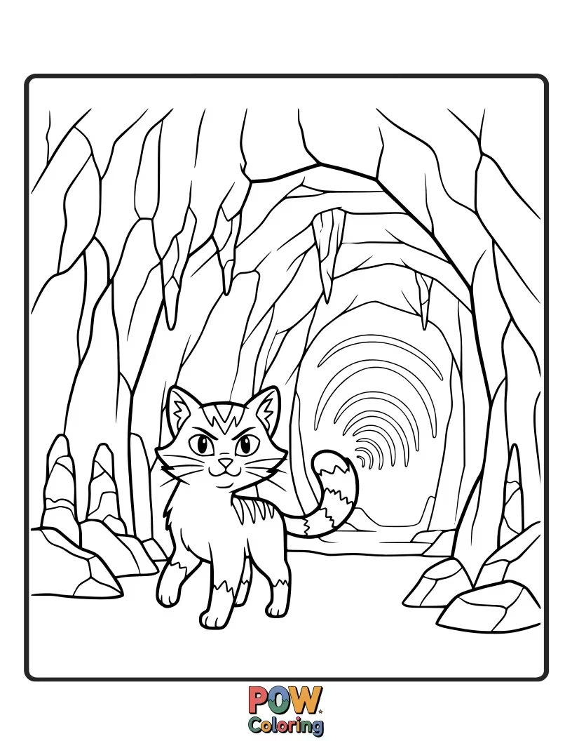 Free coloring page of A curious warrior cat exploring a cave with gentle sound waves emanating from its soft meow. Mysterious sounds.