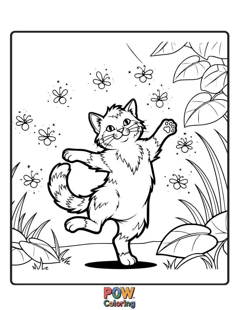 Free coloring page of A magical warrior cat twirling amongst a swarm of twinkling fireflies on a warm summer night. Enchanting glow.