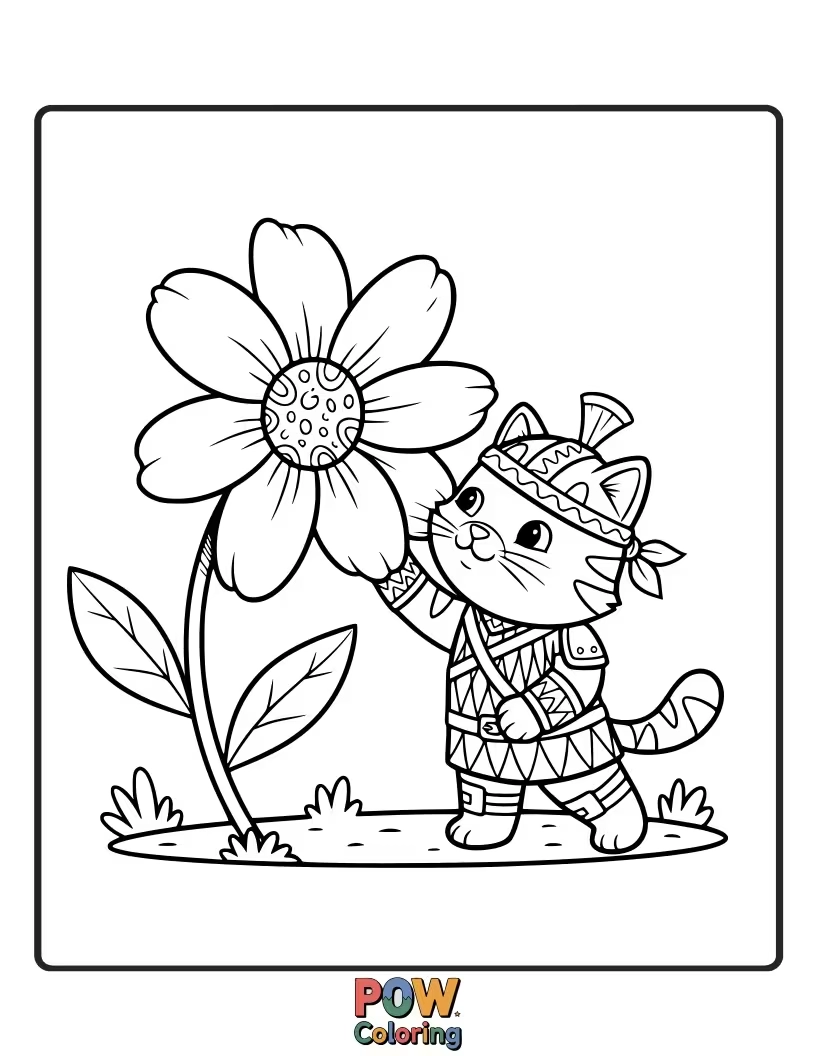 Free coloring page of A gentle warrior cat with a flower tucked behind its ear, sharing a quiet moment with a ladybug.