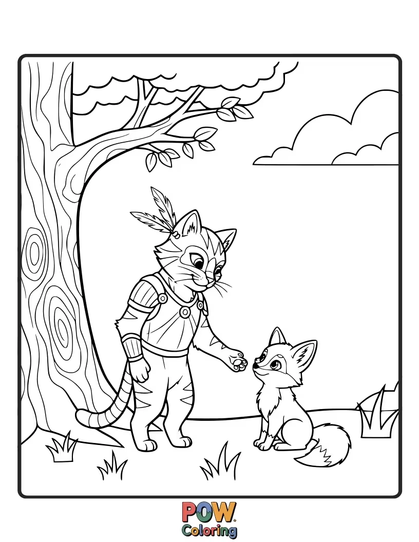 Free coloring page of A brave warrior cat sharing a berry with a tiny, wide-eyed field mouse in a sun-dappled clearing.