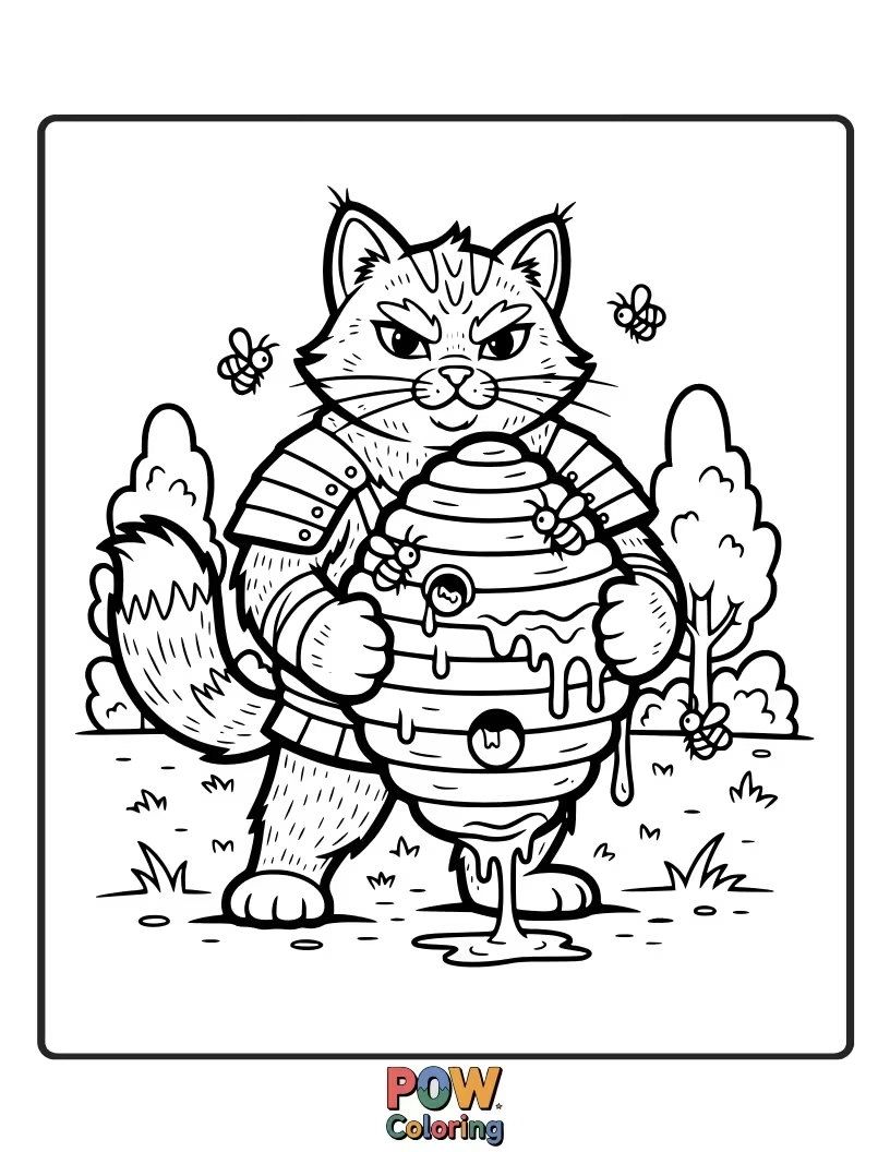 Free coloring page of A determined warrior cat with a tiny bit of honeycomb, looking pleased with its sweet discovery. Delicious adventure.