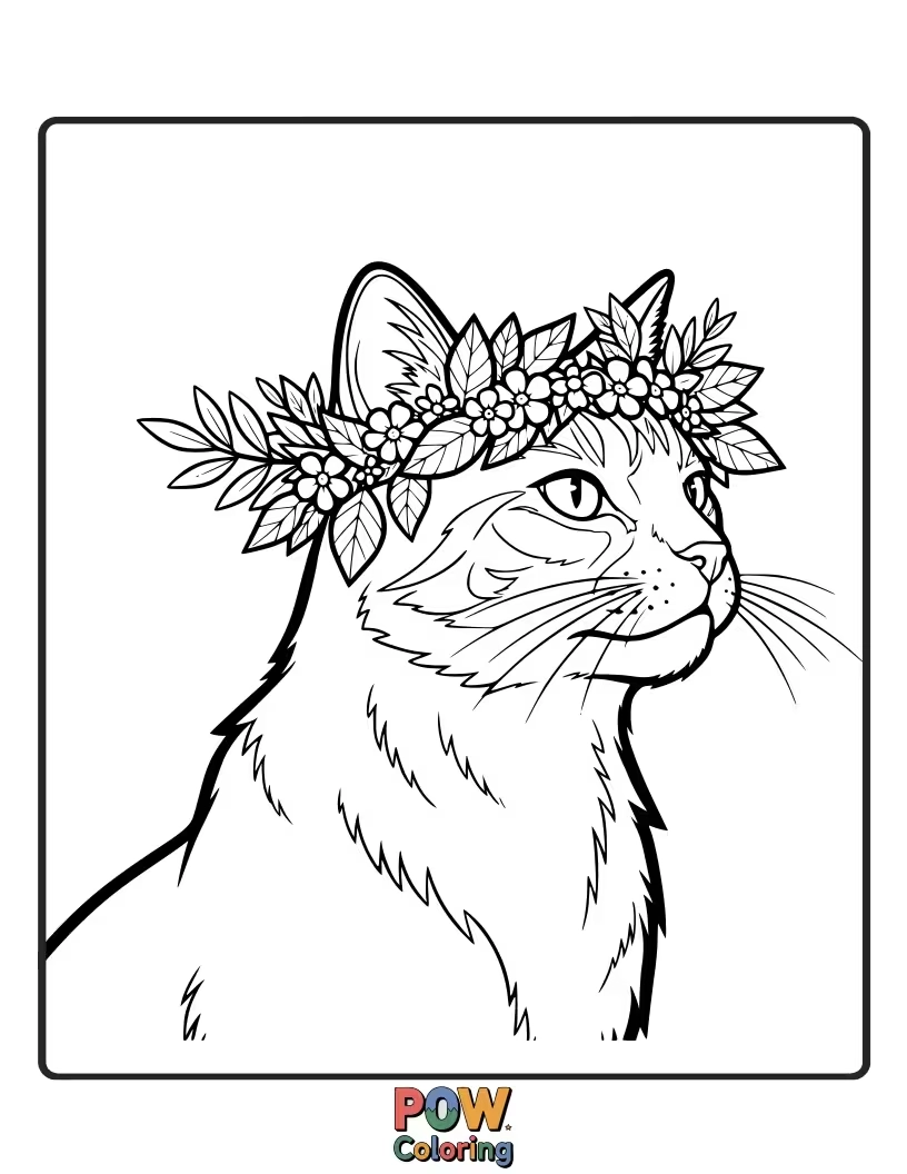 Free coloring page of A regal warrior cat wearing a crown made of colorful autumn leaves, looking proud and majestic.