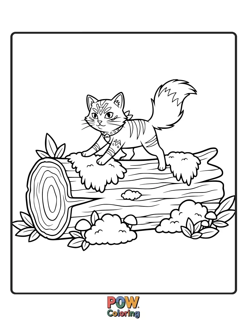 Free coloring page of A cozy warrior cat curled up asleep on a soft, moss-covered log in a tranquil forest setting. Peaceful rest.