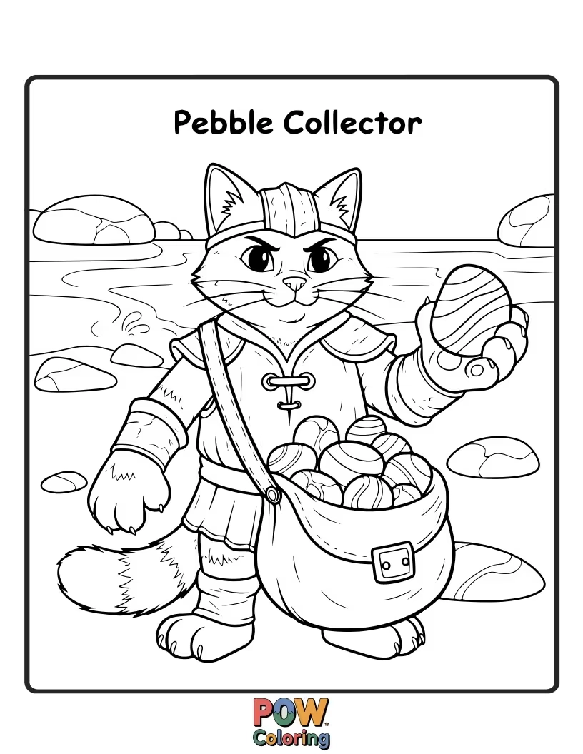 Free coloring page of A diligent warrior cat carefully arranging smooth pebbles into a small, decorative pattern. Creative and neat.