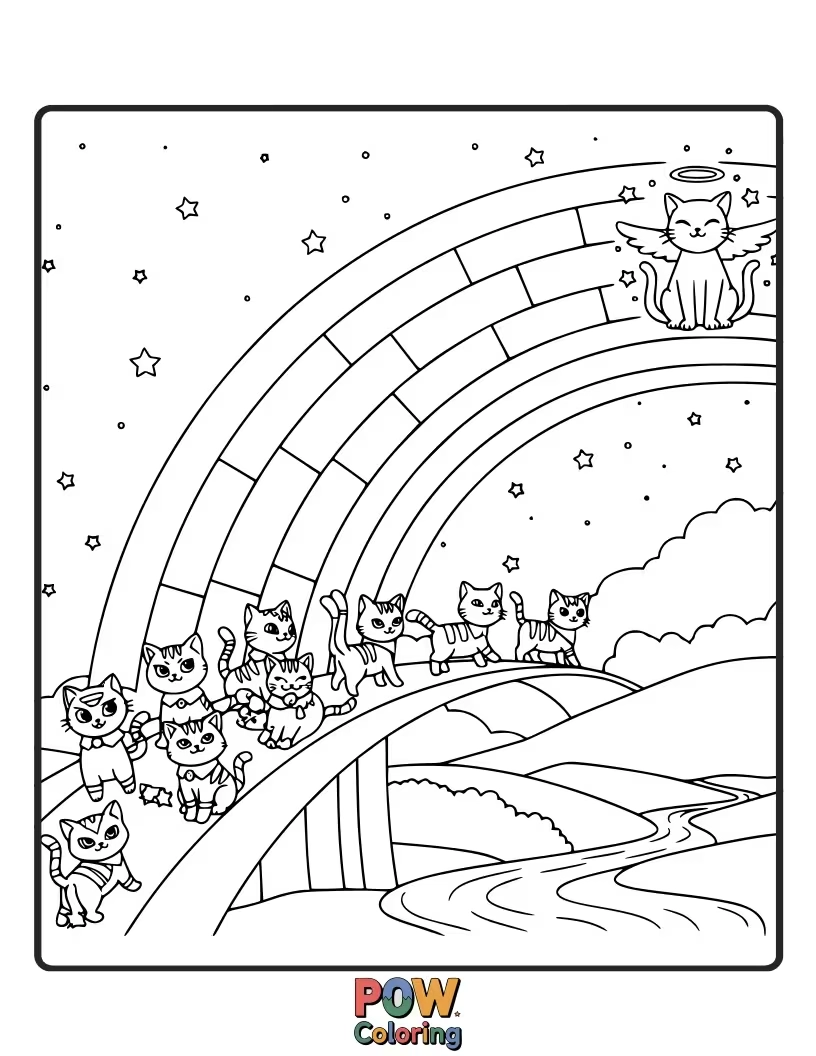 Free coloring page of A hopeful warrior cat looking up at a vibrant rainbow arching over a peaceful landscape. Inspiring scene.