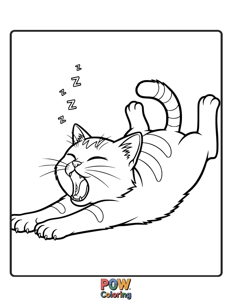 Free coloring page of A fluffy warrior cat mid-stretch, yawning widely with its eyes closed, embracing morning warmth. Adorable pose.