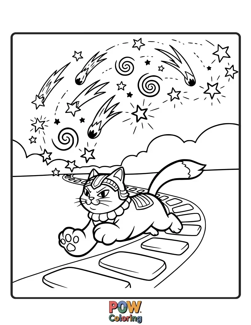 Free coloring page of A warrior cat following a faint trail of stardust illuminated by soft moonlight. Enchanted journey.
