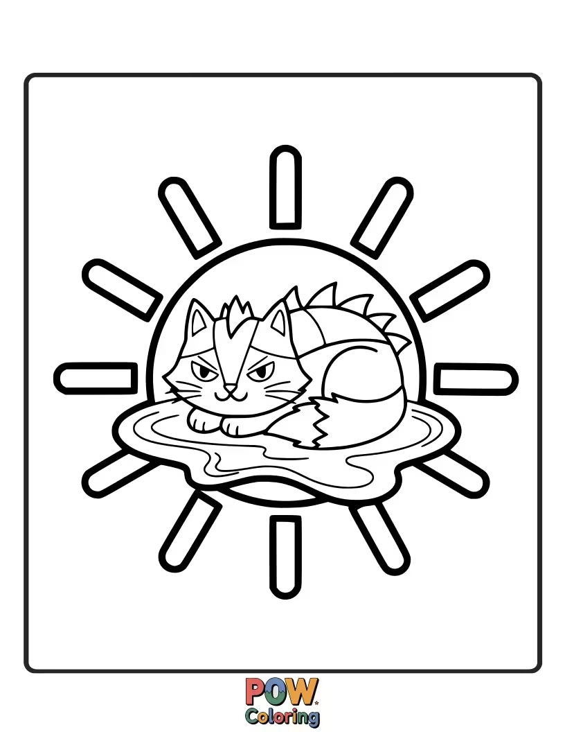 Free coloring page of A lazy warrior cat soaking up warm sunshine in a perfect, round sun puddle on the forest floor. Cozy comfort.