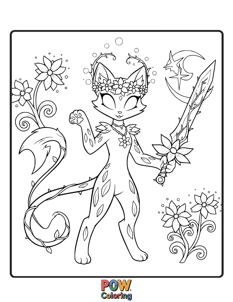 Free coloring page of A serene warrior cat sitting beside a beautiful flower that only blooms in the soft twilight. Gentle beauty.