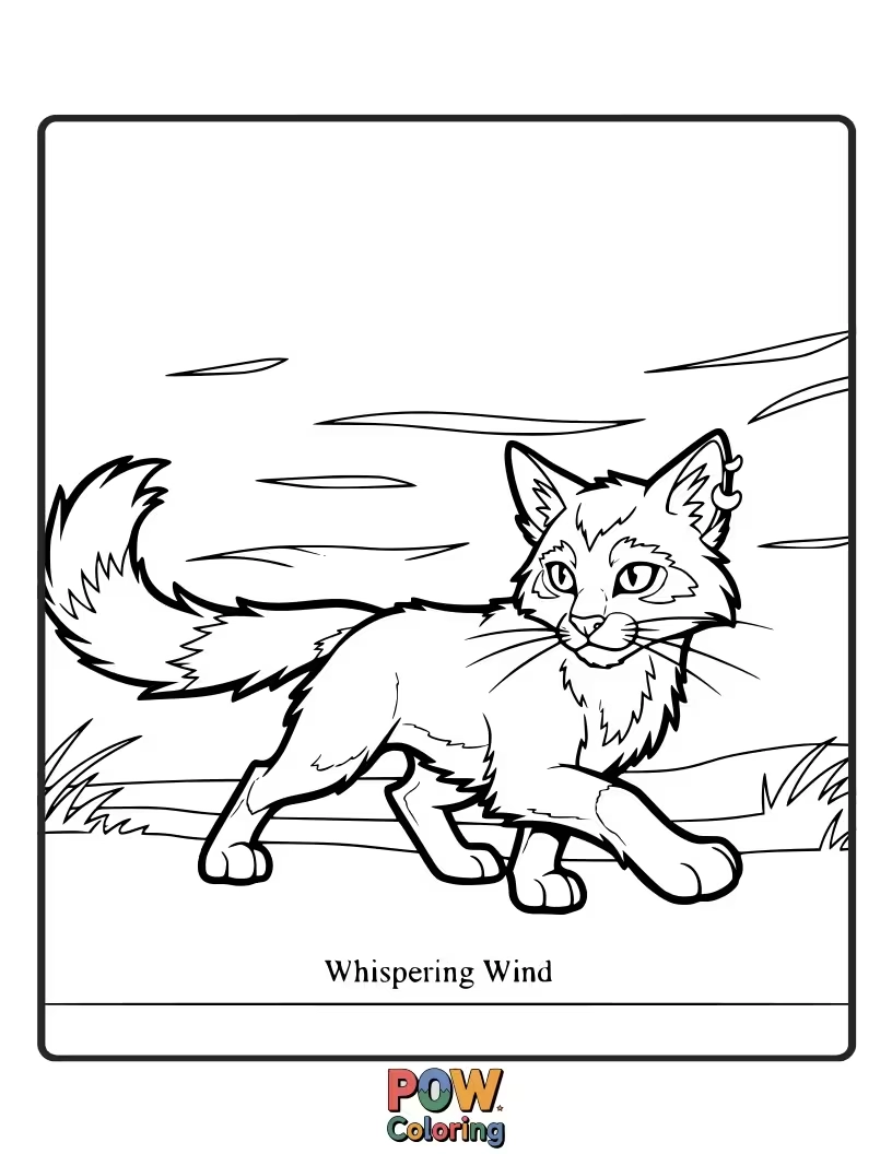 Free coloring page of A serene warrior cat with its fur gently ruffled by the wind, listening to forest secrets. Calm essence.