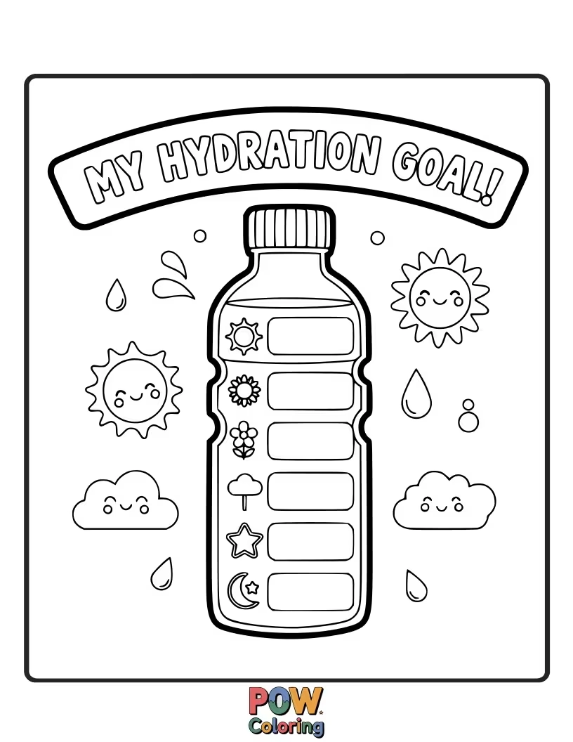 Free coloring page of A reusable water bottle next to a stream. Stay hydrated by drinking plenty of water during your adventures.