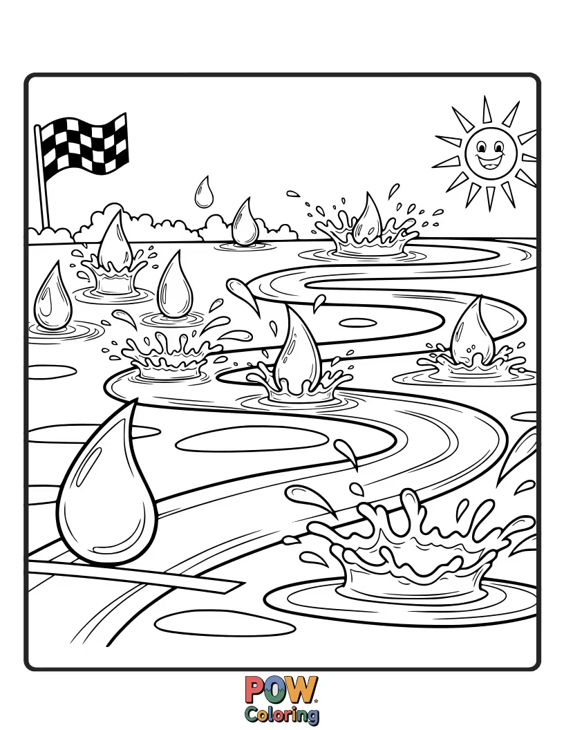 Free coloring page of Sparkling water droplets are leaping and splashing in a fast-paced race down a leaf.