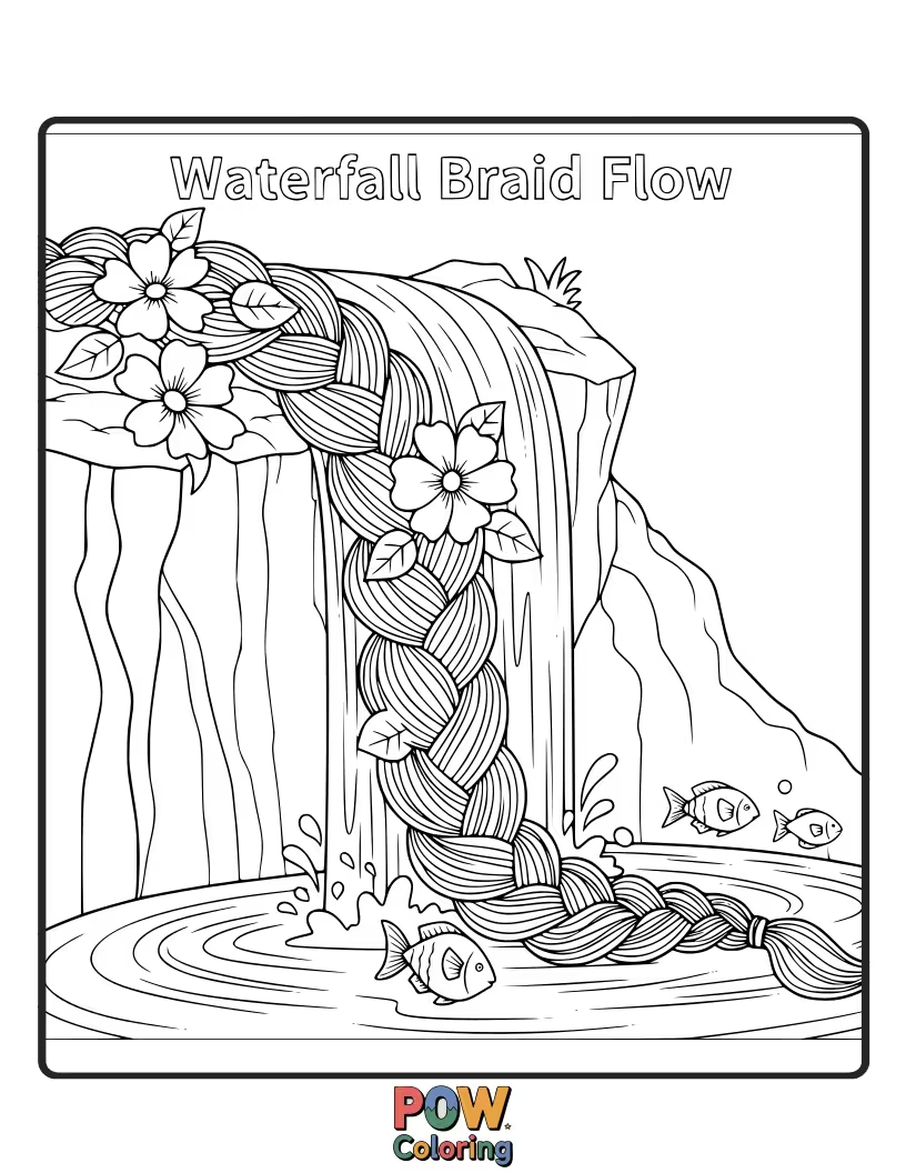 Free coloring page of A graceful waterfall braid that mimics the cascading water.