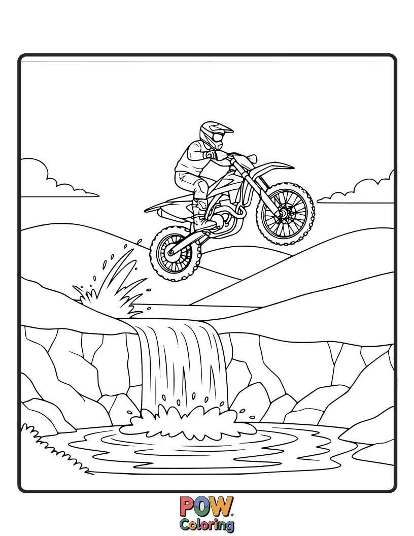 Free coloring page of A dirt bike performing a daring jump over a cascading waterfall.