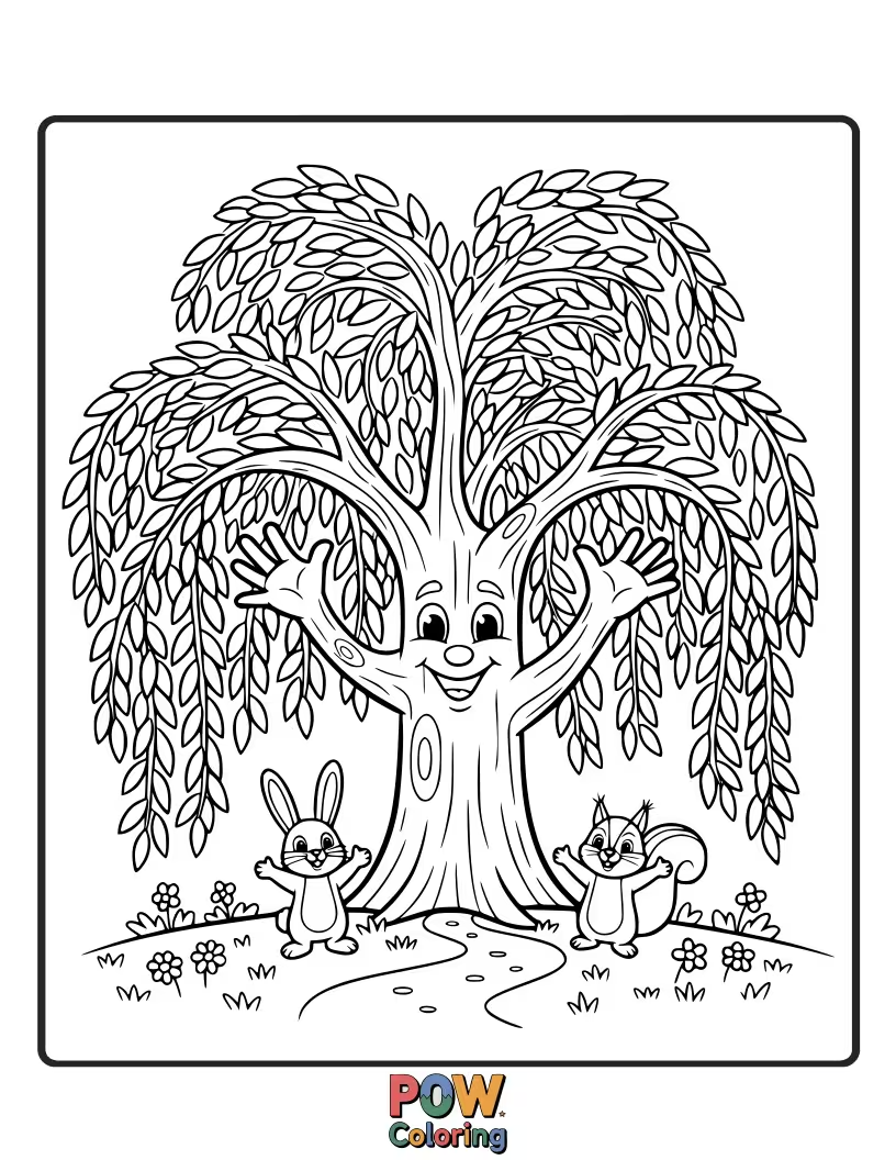 Free coloring page of A friendly willow tree, its branches gracefully waving a warm greeting to all who pass by.