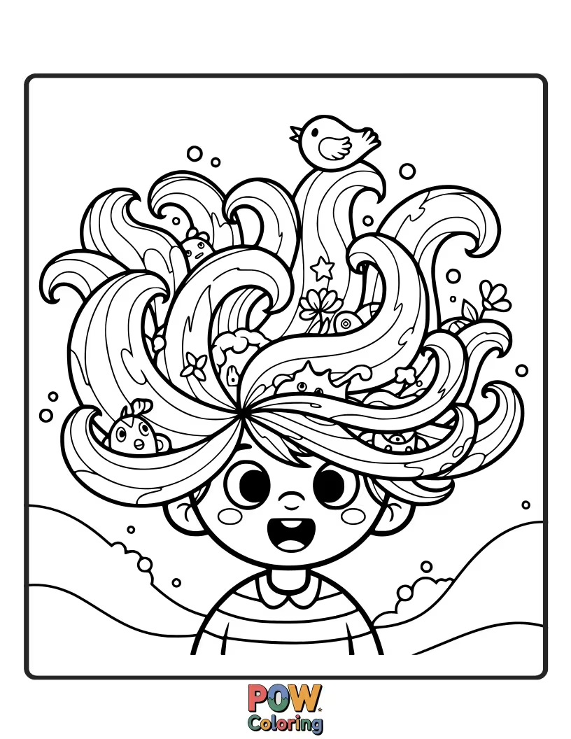 Free coloring page of A cute girl with flowing wavy hair that hides a tiny, smiling cloud.