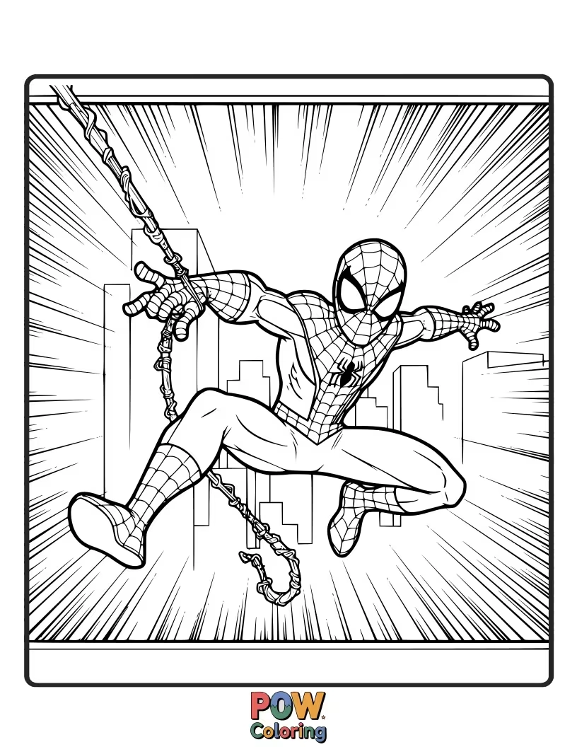 Free coloring page of Close-up of Spider-Man's hand as he shoots a web, with a detailed web line extending outwards. Focus on the gadget.