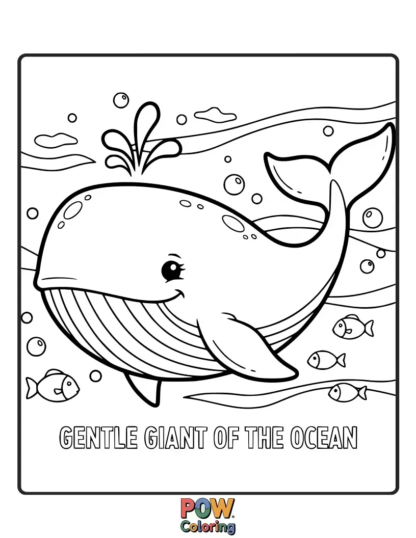 Free coloring page of A magnificent whale swimming serenely, with tiny fish swimming alongside its enormous, gentle form. Awe-inspiring and peaceful.
