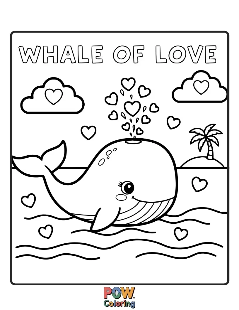 Free coloring page of A magnificent whale is spouting a heart-shaped fountain of water, sending love across the ocean this Valentine's Day.