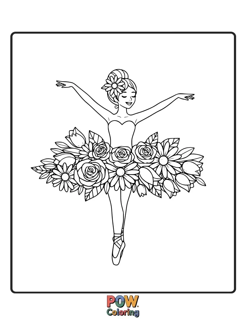 Free coloring page of A tiny ballerina dances amidst giant, colorful flowers, her tutu blending seamlessly with nature's vibrant petals.