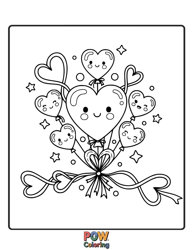 Free coloring page of Floating hearts tied to a string, carrying little clouds and stars. A playful and dreamy scene.