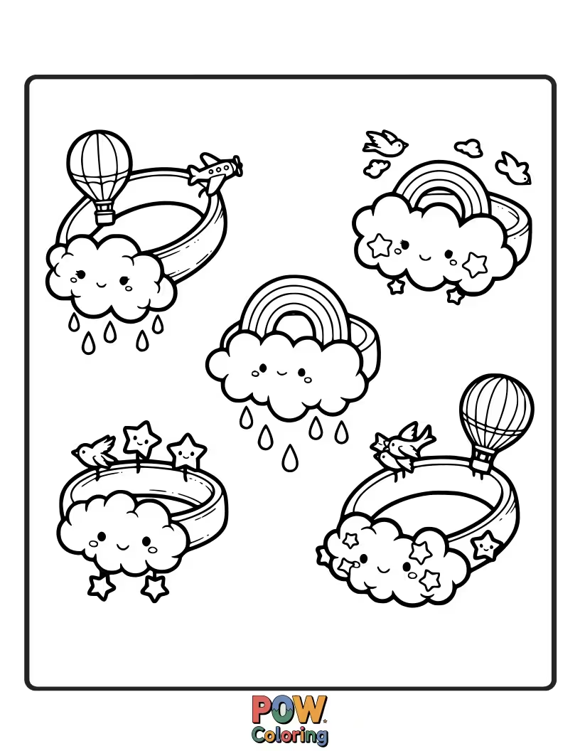 Free coloring page of Fluffy clouds drift along a bracelet chain, creating a dreamy and ethereal coloring experience. Light and airy.