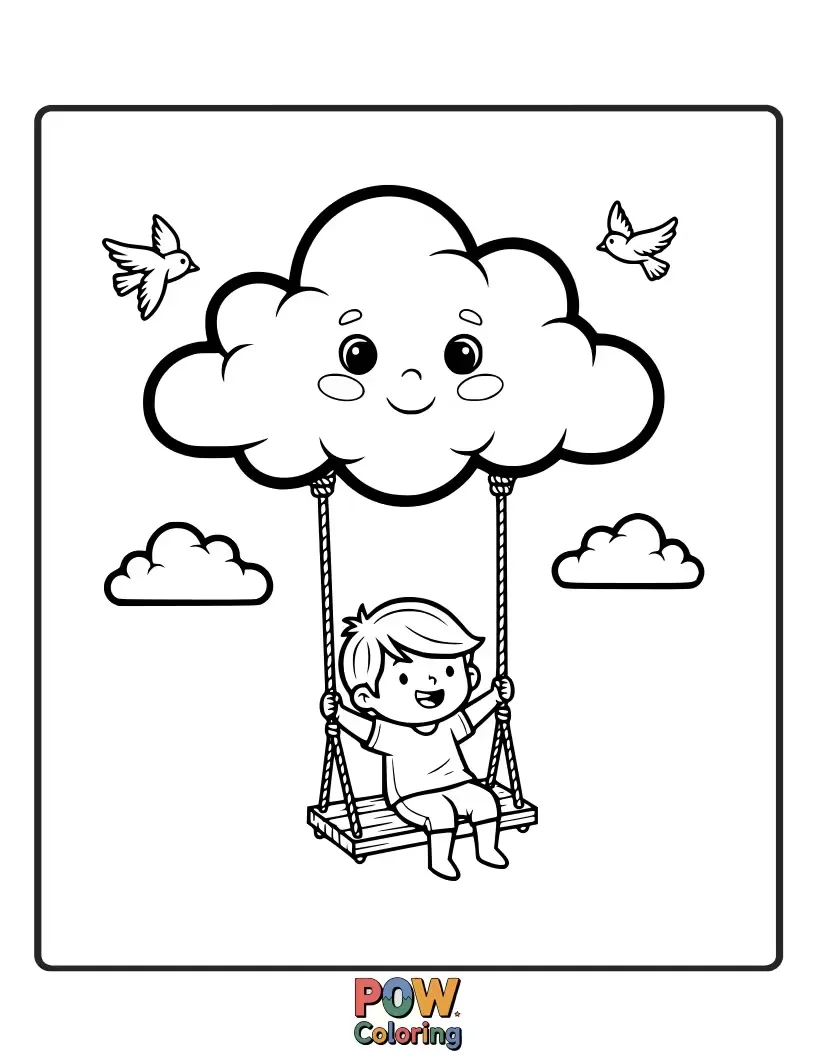 Free coloring page of A dreamy unicorn gracefully rides a fluffy cloud swing, surrounded by twinkling stars and a crescent moon in a magical sky.