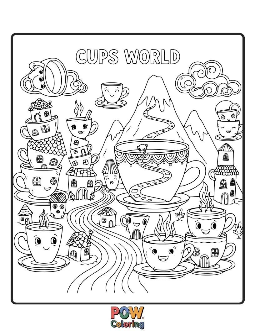 Free coloring page of Step into a fantastical realm where cups are the inhabitants, with tiny houses and magical landscapes.