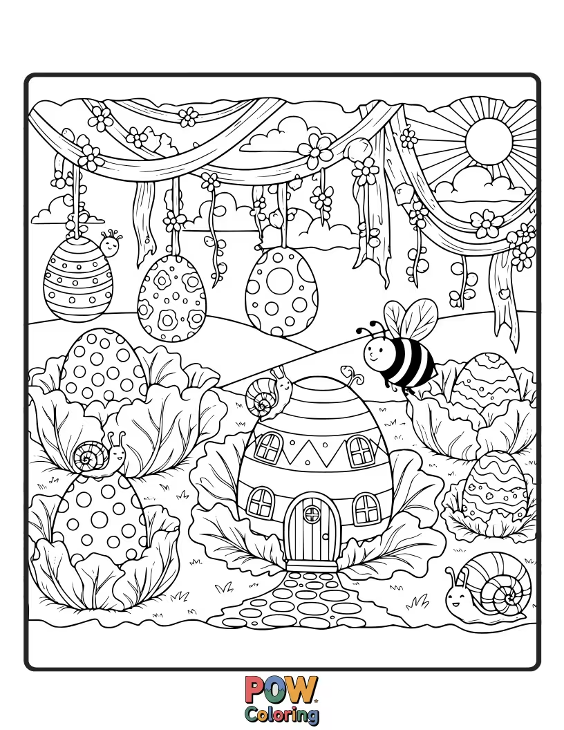 Free coloring page of A cluster of beautifully decorated eggs nestled amongst playful mushrooms, tiny flowers, and smiling ladybugs in a magical setting.