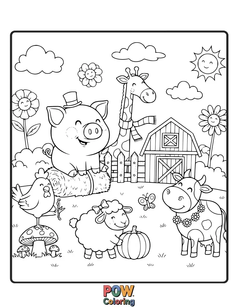 Free coloring page of Adorable farm animals having a tea party with flowers and sunshine, spreading joy.