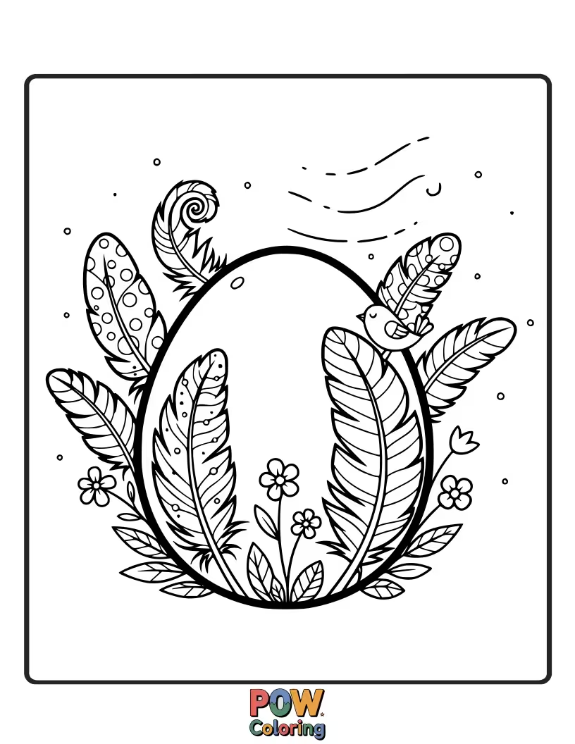 Free coloring page of An egg decorated with delicate, flowing feathers, giving it a light, airy, and natural beauty.
