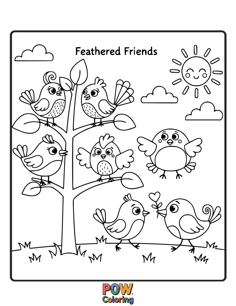 Free coloring page of Playful birds with exaggerated, colorful feathers, each with a unique and cheerful expression.