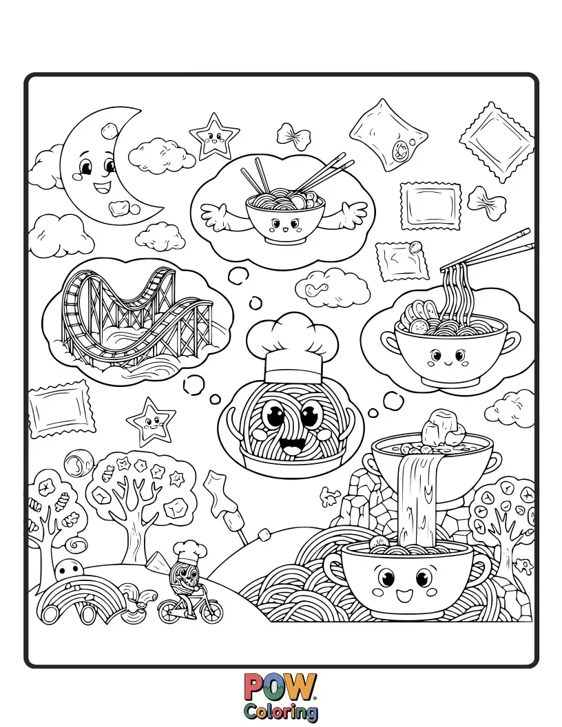 Free coloring page of Floating in a starry sky, noodles drift like playful constellations, dreaming of yummy adventures and happy slumbers.
